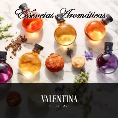 Frascos redondos com essências aromáticas coloridas e texto VALENTINA BODY CARE