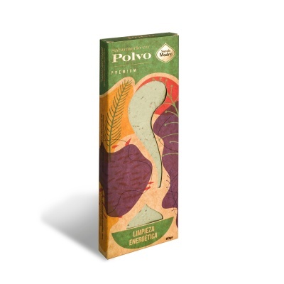 Embalagem colorida de produto natural com texto e ilustrações abstratas