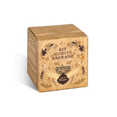 Caixa de cartão castanha com texto e ilustrações naturais