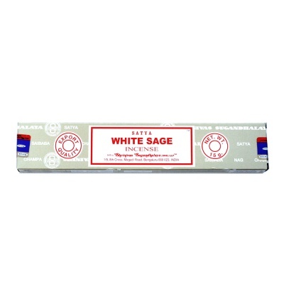 Caixa de incenso Satya White Sage com texto em vermelho e branco sobre fundo cinzento.