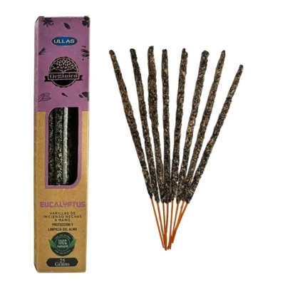 Conjunto de varinhas de incenso de eucalipto com embalagem lilás e castanha