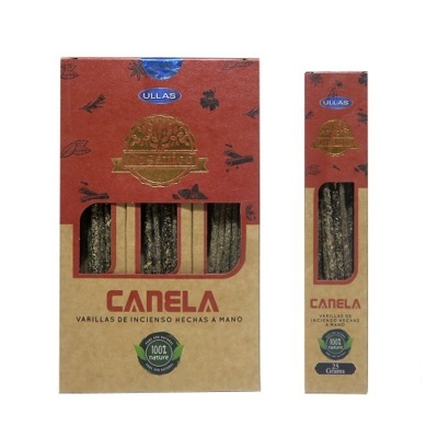 Embalagem de varinhas de incenso aroma canela feita à mão, com selo 100% natural.