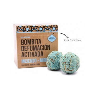 Duas bombitas azuis de defumação activada com embalagem de cartão castanho com texto