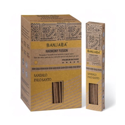 Embalagens de incenso orgânico BANJARA HARMONY FUSION com padrão tribal e vareta visível