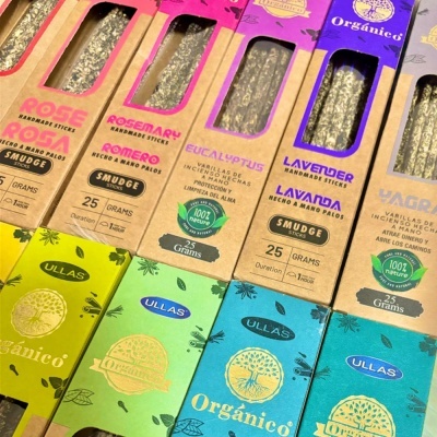 Caixas de incenso artesanal smudge sticks de várias fragrâncias com embalagens coloridas e texto