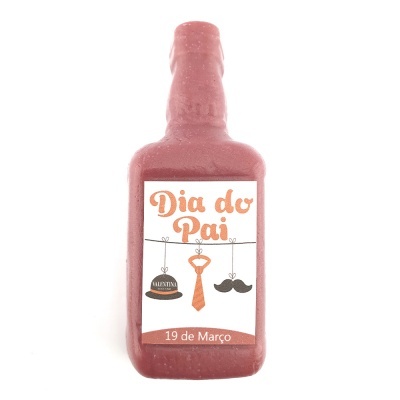 Garrafa rosa com etiqueta de Dia do Pai e ilustrações de chapéu, gravata e bigode