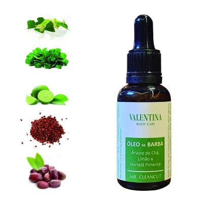 Frasco de óleo de barba Valentina Body Care com óleo de árvore do chá, limão e hortelã pimenta