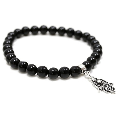 Pulseira com contas pretas e pendente de mão de Fátima prateada