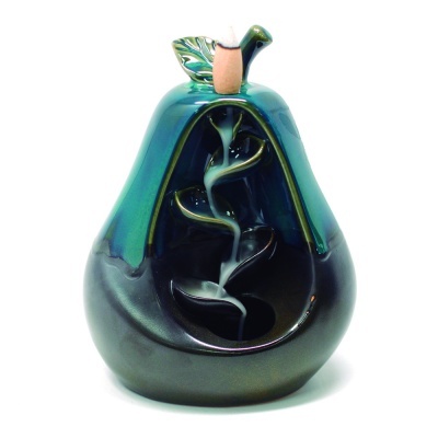 incensário cerâmica verde e preto formato pera com incenso no topo