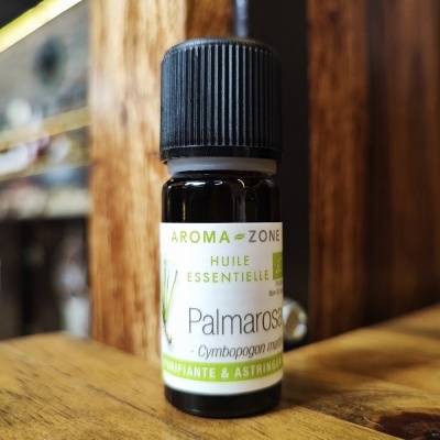 Frasco de óleo essencial Palmarosa da AROMA-ZONE com rótulo branco e tampa preta