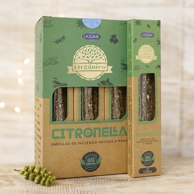 Caixa de varinhas de incenso orgânicas de citronela da marca ULLAS em embalagem verde