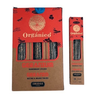 Embalagem vermelha e kraft com varas de incenso de gerânio artesanal