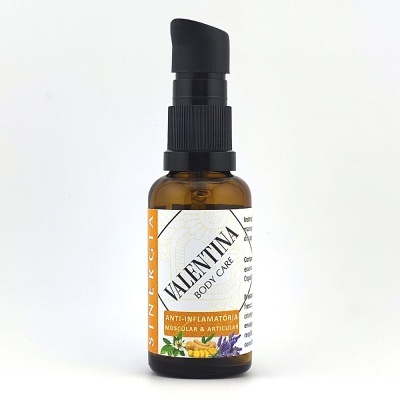 Frasco âmbar com doseador preto e rótulo colorido de Valentina Body Care anti-inflamatório