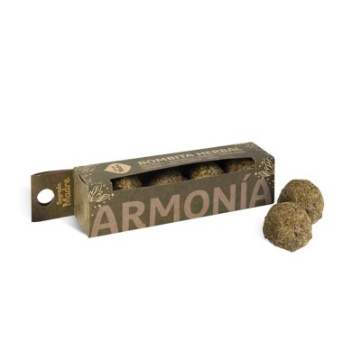 bombas aromáticas herbais em caixa castanha com letras ARMONÍA