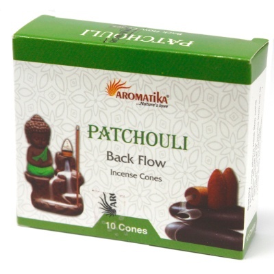 Caixa de incenso Aromatika Patchouli Back Flow 10 cones com estátua de Buda e cones castanhos
