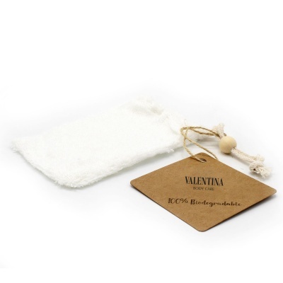 Saco de tecido branco com etiqueta castanha VALENTINA BODY CARE.