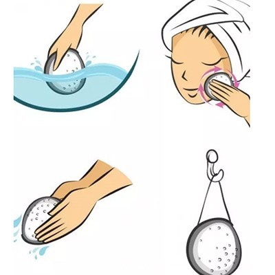 Ilustração de esponja de limpeza facial em várias etapas de uso.