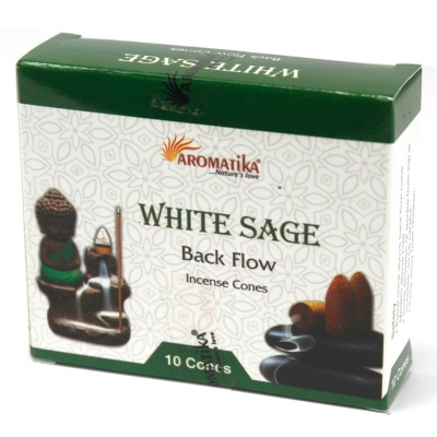 Embalagem de cones de incenso Aromatika White Sage com 10 cones em verde e branco