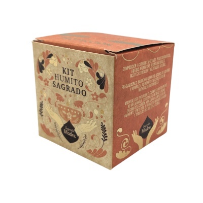 Caixa de papel decorativa com design floral e texto 'KIT HUMITO SAGRADO'