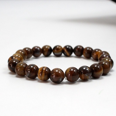 Pulseira de contas redondas de pedra natural castanho com listras douradas