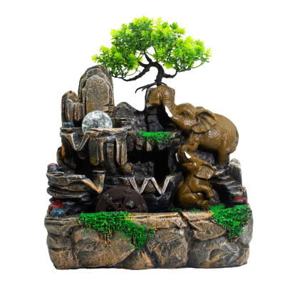 Fonte decorativa de resina com elefantes, árvore verde e esfera transparente