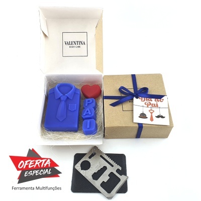 Conjunto de sabonetes forma camisa gravata coração e letras PAI com caixa presente e ferramenta multifunções.