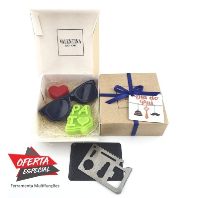 Caixa de oferta Valentina Body Care com óculos, sabonetes e ferramenta multifunções
