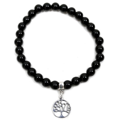 Pulseira de contas negras com pendente árvore da vida prateado