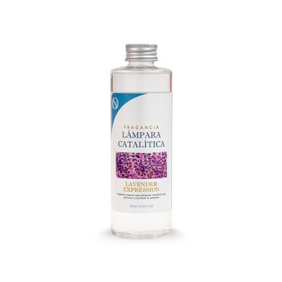 Frasco transparente com fragrância para lâmpada catalítica com etiqueta branca e flores roxas