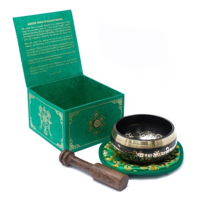 Conjunto de taça tibetana cantadora verde com almofada, bastão de madeira e caixa decorativa verde