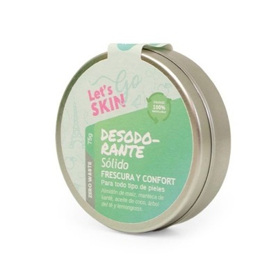 Desodorizante sólido em lata metálica com rótulo verde e branco