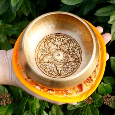 Tigela metálica dourada com decoração e almofada amarela num cenário com plantas verdes