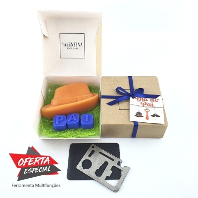 Presente com sabonete chapéu, blocos PAI e ferramenta multifunções com caixa decorada