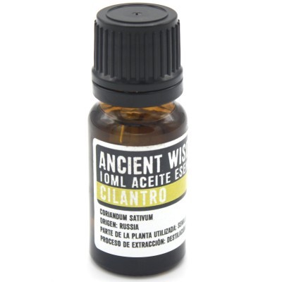 Frasco de óleo essencial de coentro com rótulo branco e amarelo.