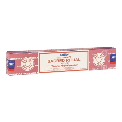 Embalagem retangular de incenso Nag Champa Sacred Ritual da Satya, cor vermelha, branca e azul.