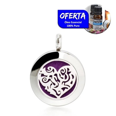 Pendente circular prateado com padrão de coração e fundo roxo, oferta de óleo essencial 100% puro