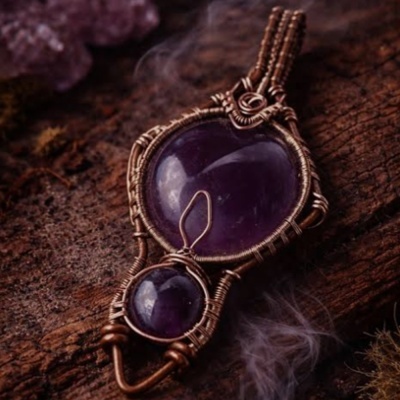 Colar pendente em arame de cobre com pedras de ametista
