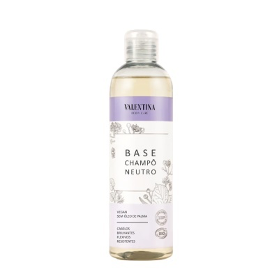 Frasco transparente de champô neutro Valentina com rótulo branco e lavanda e desenhos florais