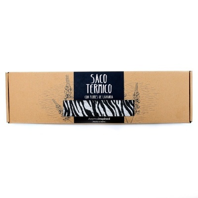 Saco térmico com padrão zebra em embalagem de cartão castanho e etiqueta preta