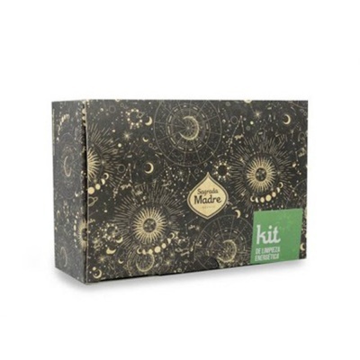 Caixa preta decorada com padrão dourado de astros e texto kit de limpeza e interior