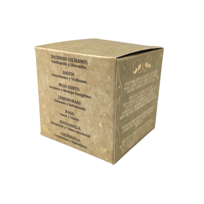 Caixa castanha de incenso com texto e padrões decorativos