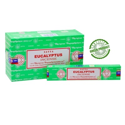 Embalagem verde de incenso Satya Eucalyptus com selo Green Product Certified