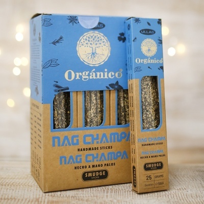 Embalagens de sticks de incenso Nag Champa Orgânico azul e bege com janela transparente