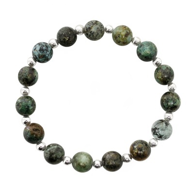 Pulseira de contas de pedra natural e contas metálicas prateadas em fundo branco