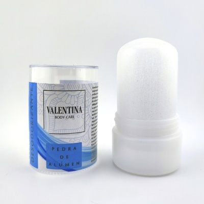 Desodorante Valentina Body Care Pedra de Alúmen com embalagem e pedra branca.
