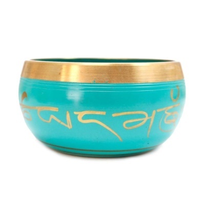 Tigela turquesa com inscrições douradas e faixa dourada superior