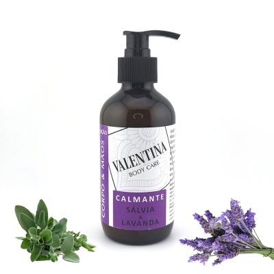 Loção calmante VALENTINA corpo e mãos com sálvia e lavanda e raminhos das plantas
