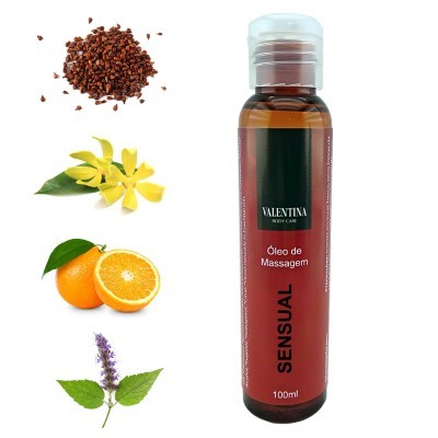 Frasco de óleo de massagem Sensual Valentina de 100 ml com imagens de ingredientes naturais ao lado