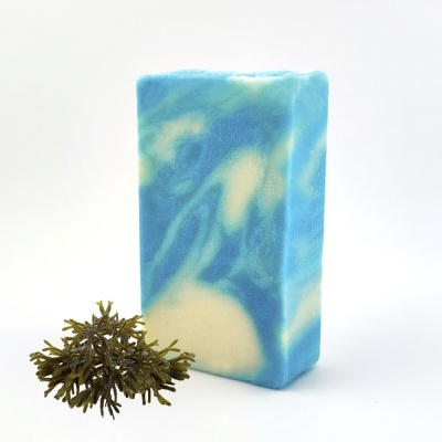Sabonete azul e branco com plantas marinhas
