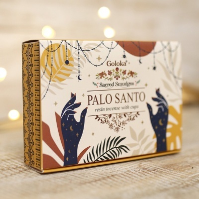 Caixa decorativa de incenso Goloka Palo Santo com ilustrações de mãos e folhas
